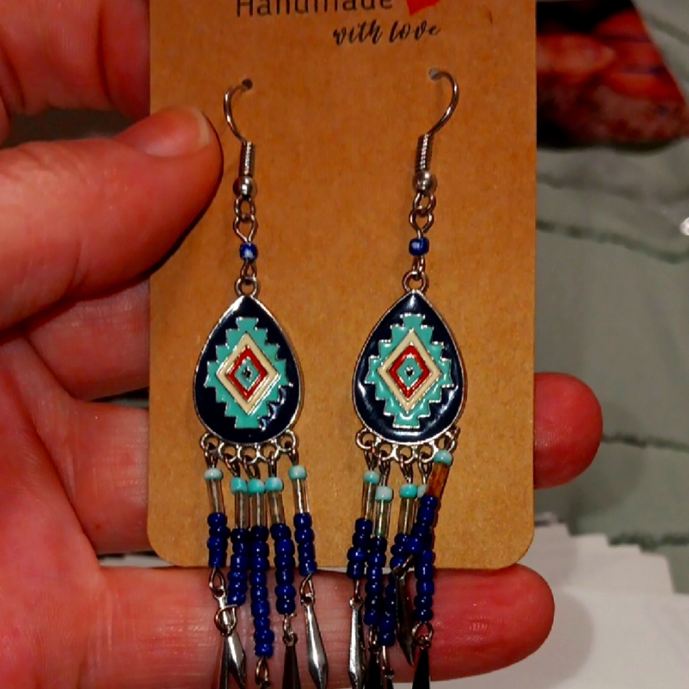 Silver and Blue Geometric Dangle Earrings